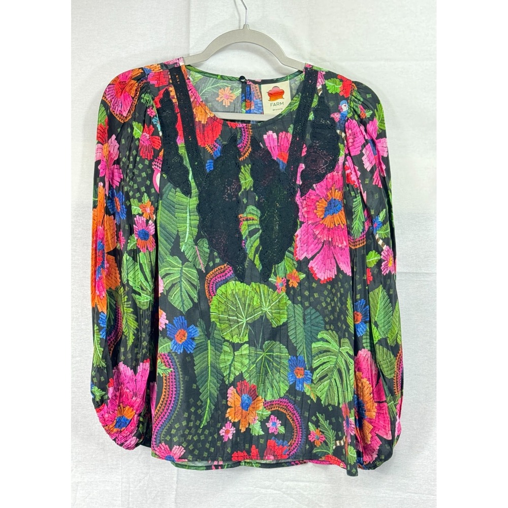 Farm Rio Botanical Black Lace Long Sleeve Blouse, Blooming Garden, S, New!